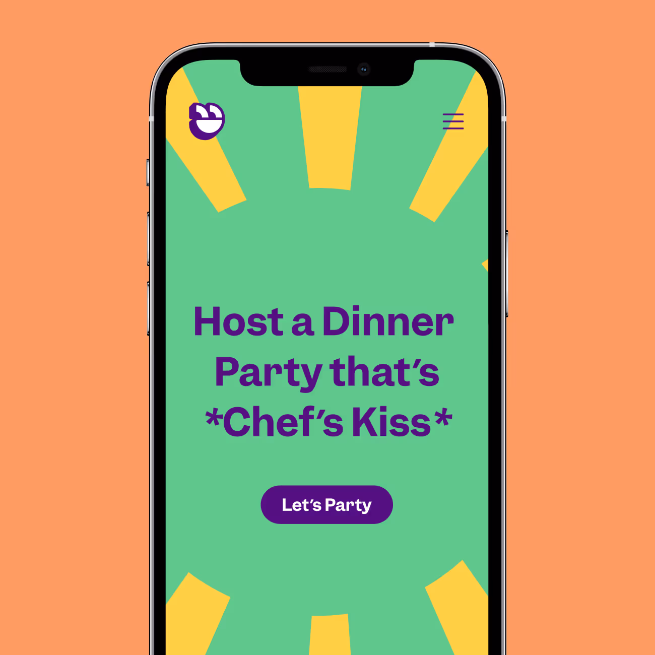 Smartphone screen with green background and yellow sun rays showing text 'Host a Dinner Party that's *Chef's Kiss*' and a purple button labeled 'Let's Party'.