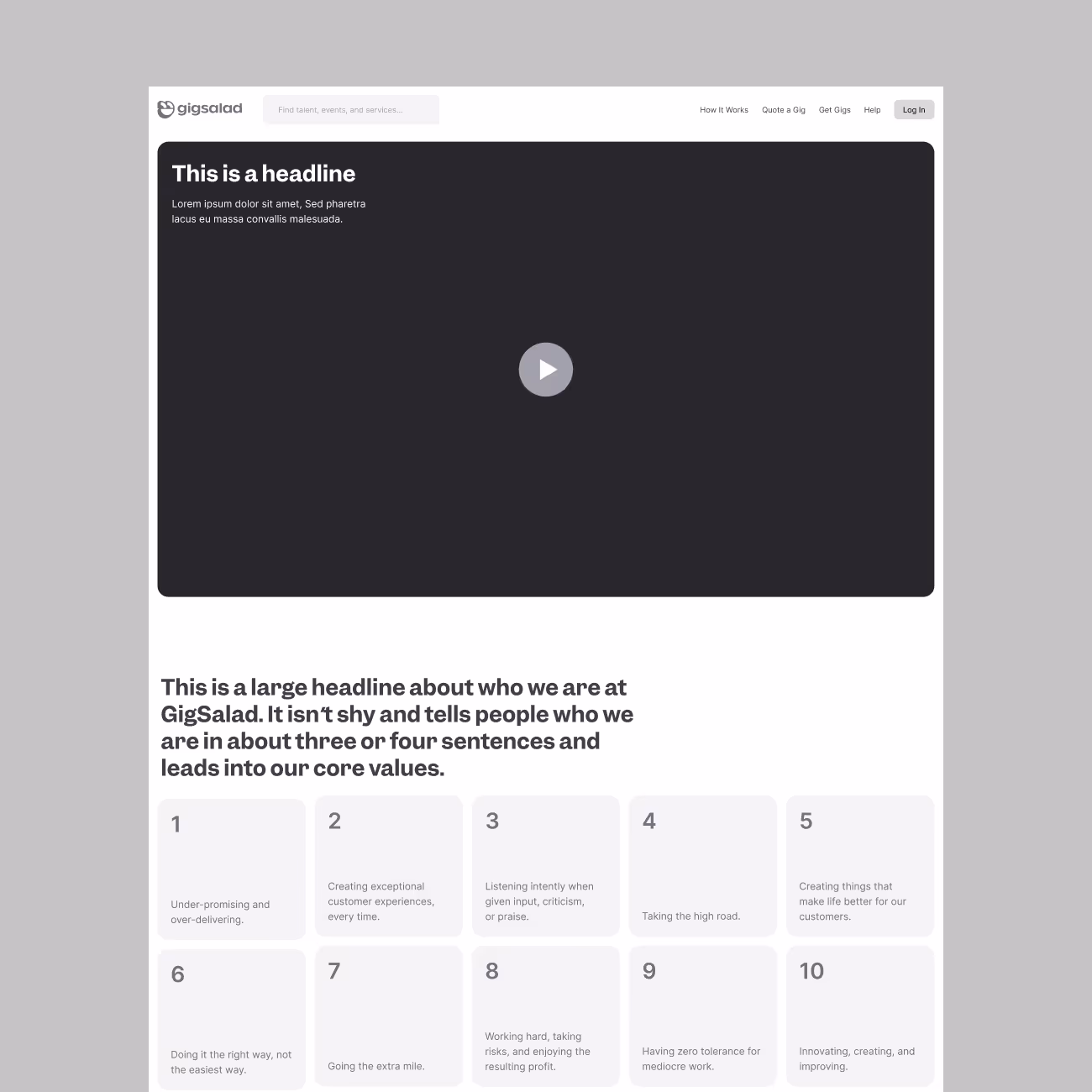 GigSalad homepage mockup showing a video player with a headline, a large introductory headline about the company