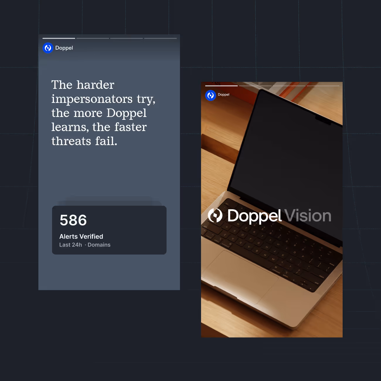Side-by-side screens showing Doppel threat verification nd a laptop keyboard with Doppel Vision logo.