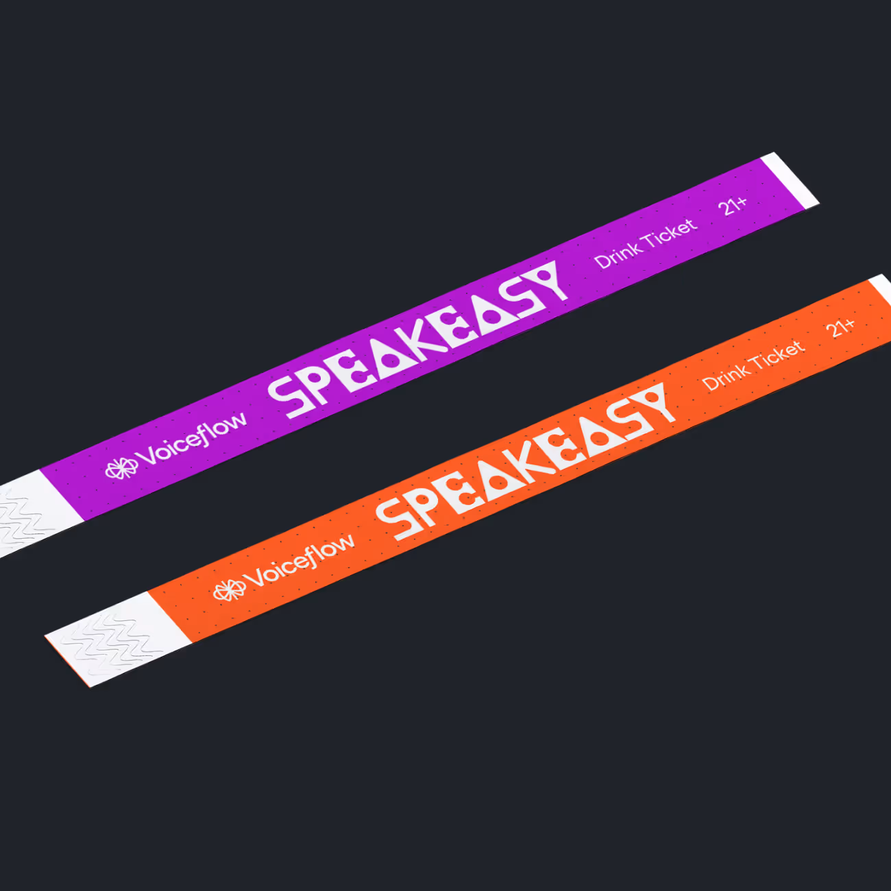 Two event wristbands for Voiceflow Speakeasy drink tickets, one purple and one orange, both marked 21+.