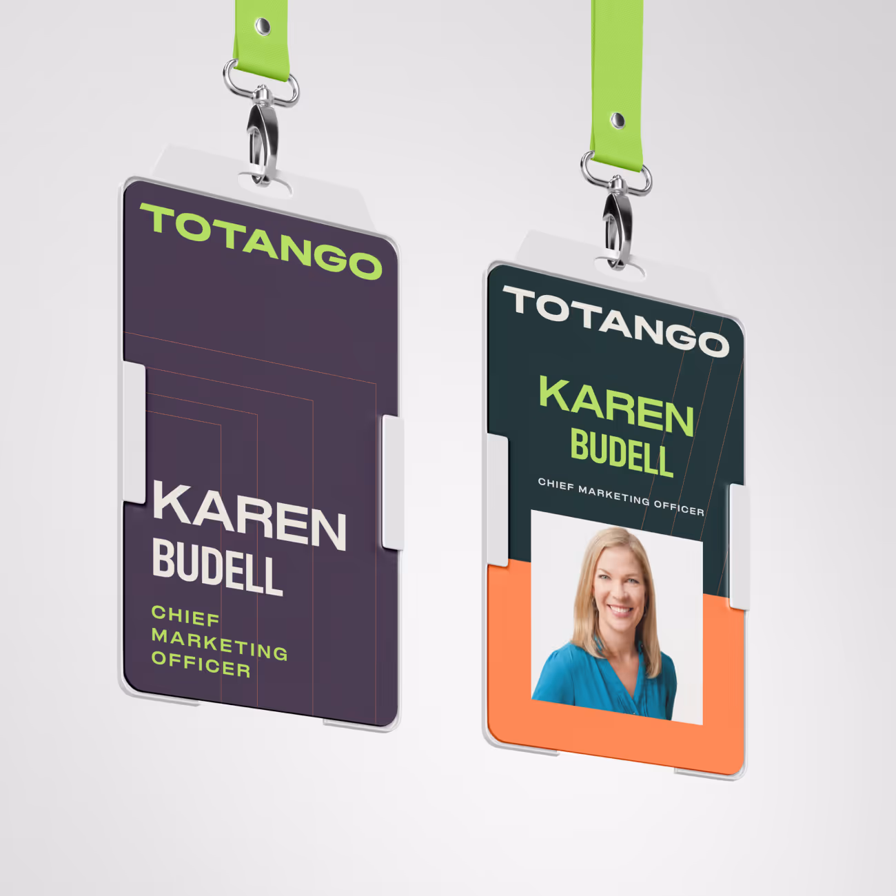 Two Totango ID badges with green lanyards