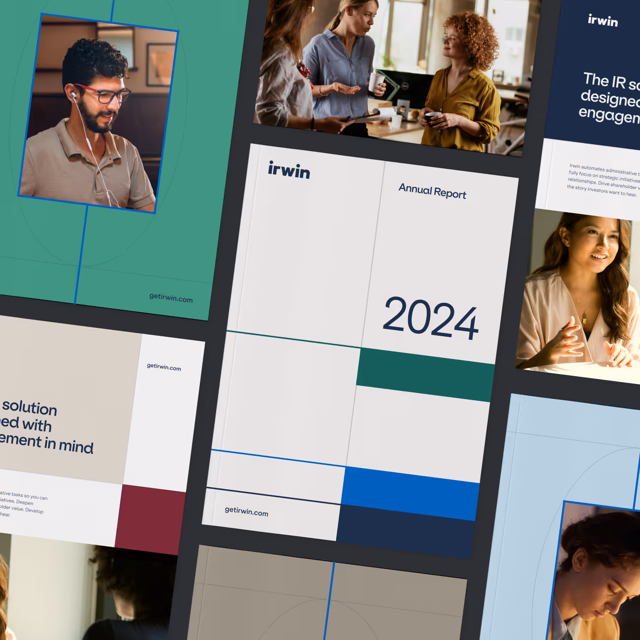 Collage of professionals in various work settings alongside a 2024 Irwin Annual Report cover with geometric design.