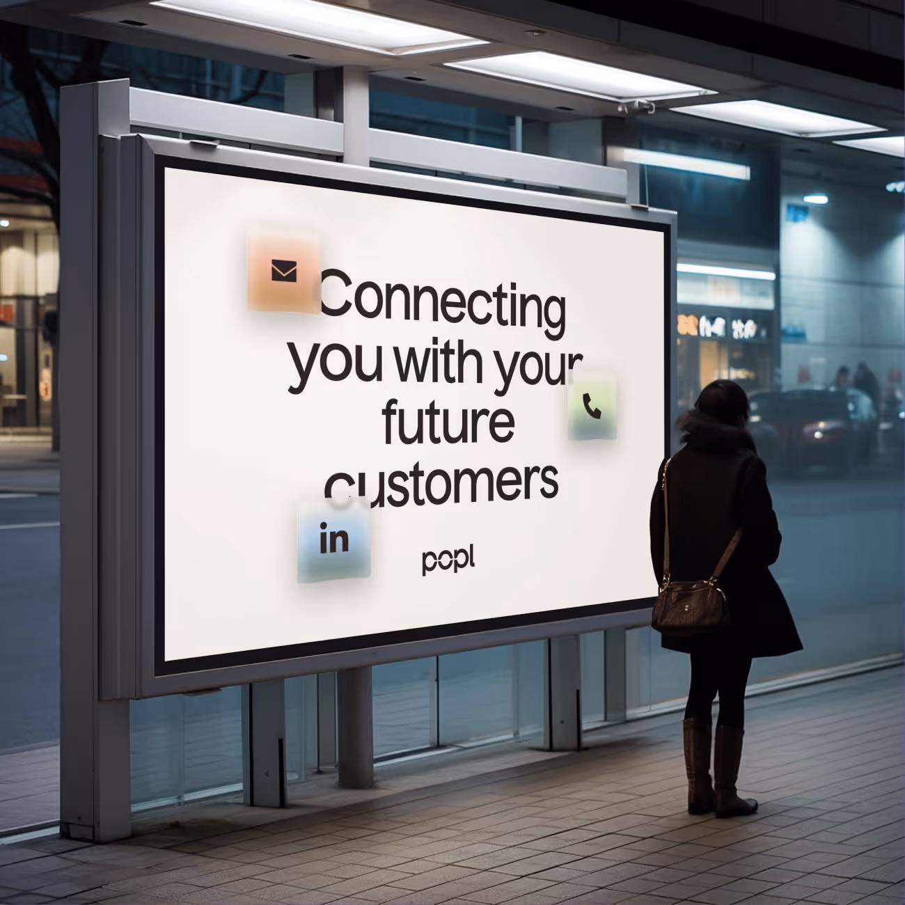 Outdoor advertisement board displaying text 'Connecting you with your future customers' with icons for email, phone, and LinkedIn, a person stands nearby.