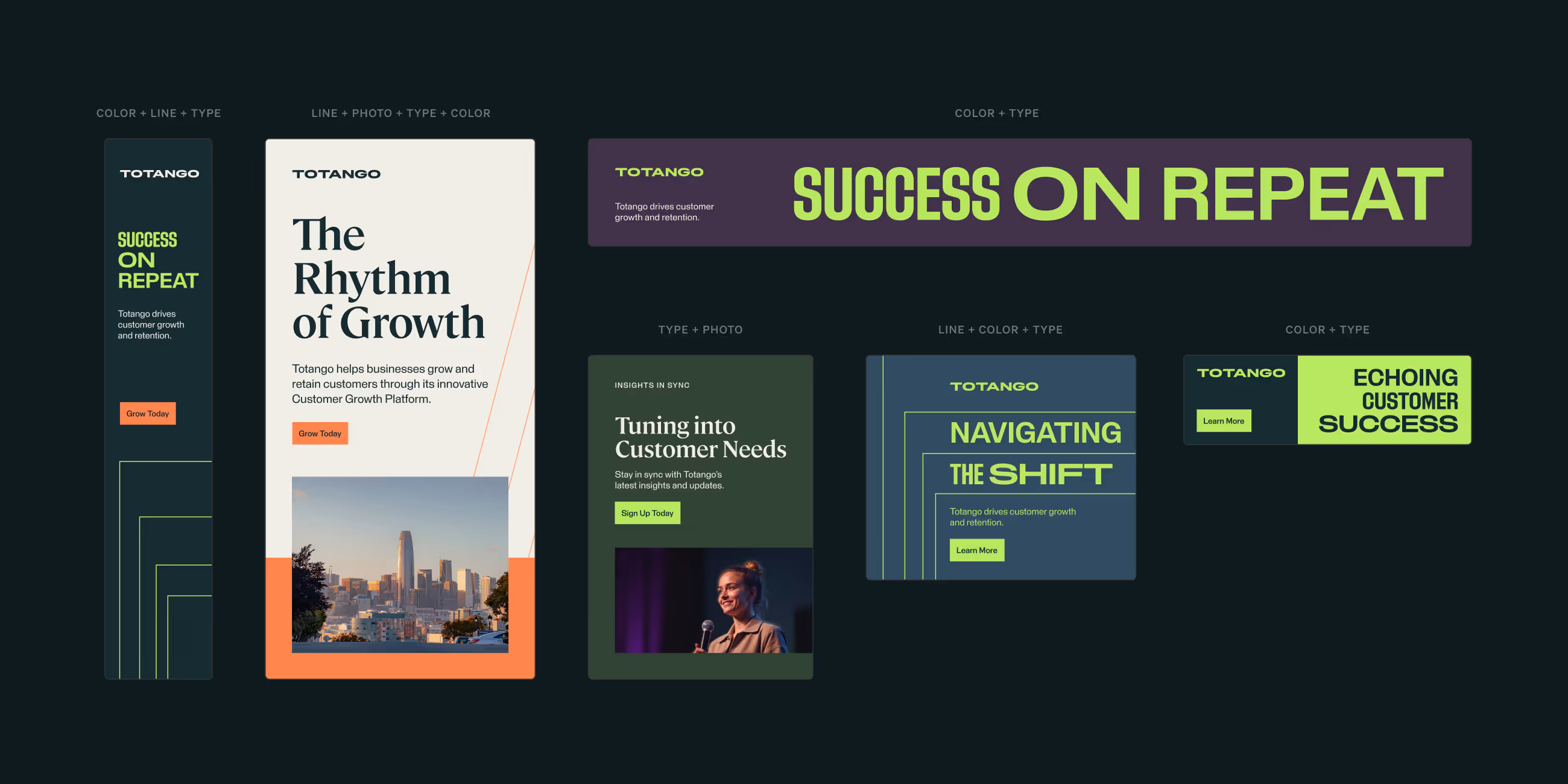 Six Totango promotional banners with text about customer growth, success, and needs, featuring city skyline and speaker photos.