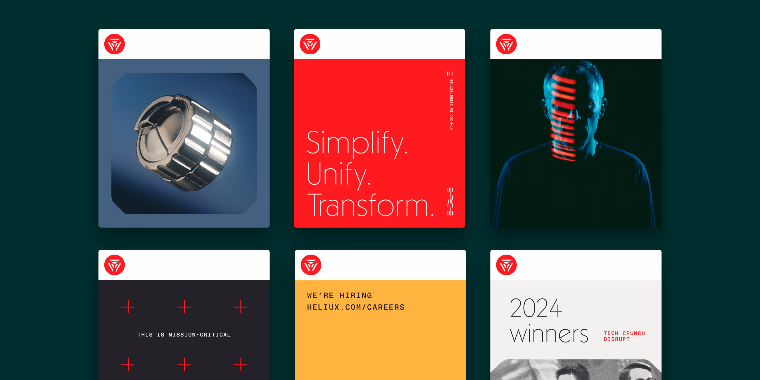 Grid of six graphic cards with red logo featuring a metallic object, text 'Simplify. Unify. Transform.', a person’s face illuminated with red lines, mission-critical message, hiring announcement, and 2024 winners for TechCrunch Disrupt.