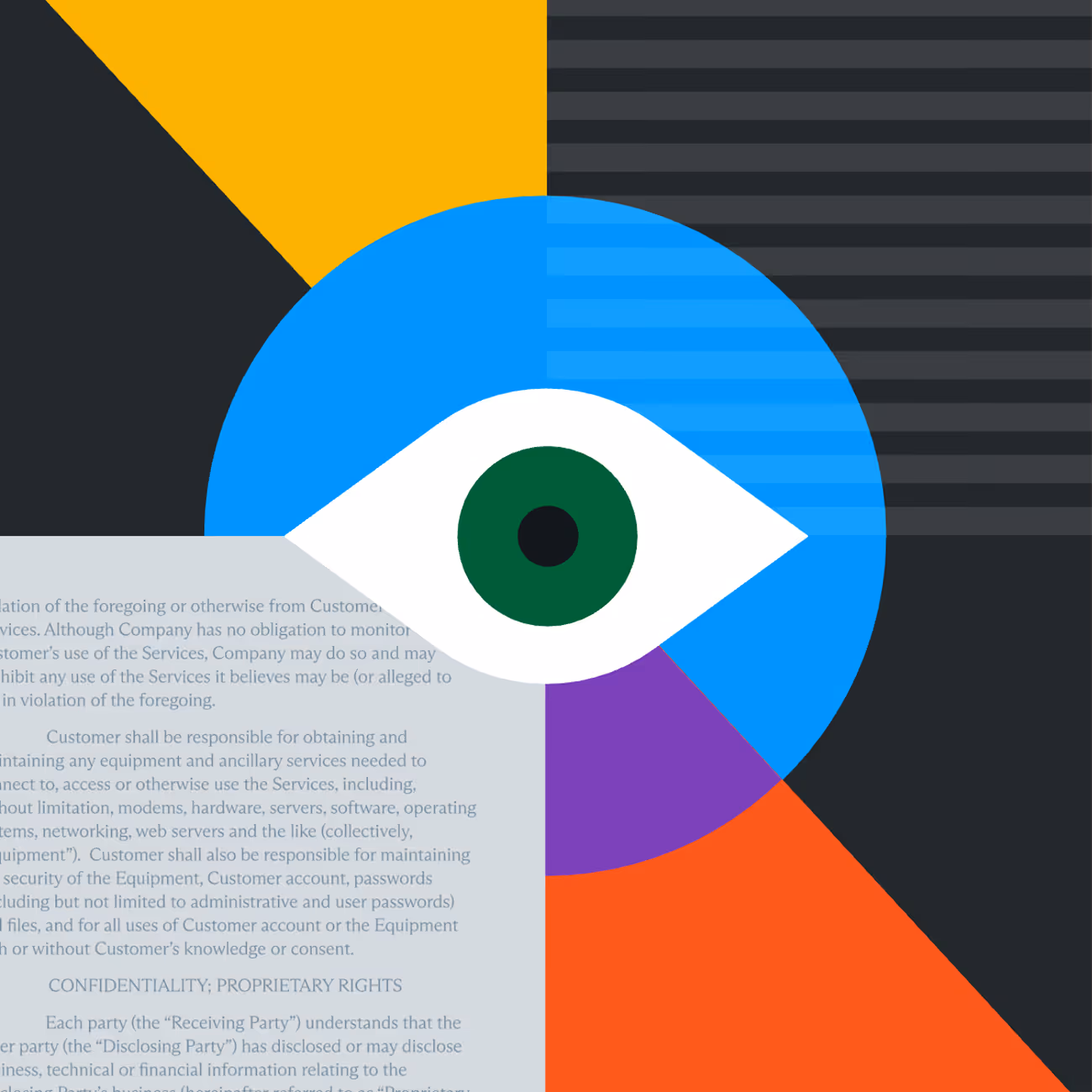 Abstract eye graphic with a green iris overlaid on a blue circle, surrounded by yellow, orange, purple, black, and gray geometric shapes including a corner of text.