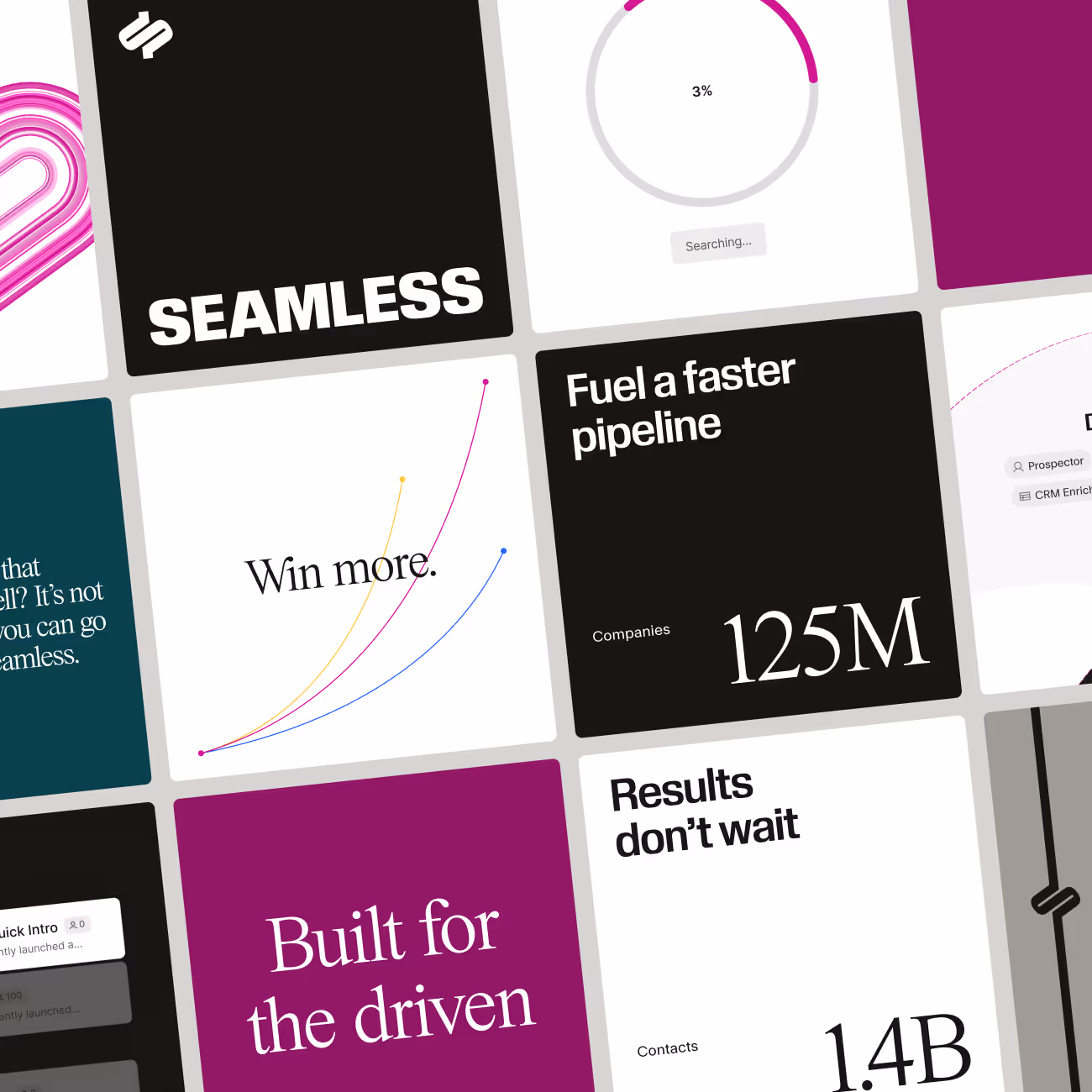 Text listing brand attributes: Effortless, Transformative, Essential on a purple background.