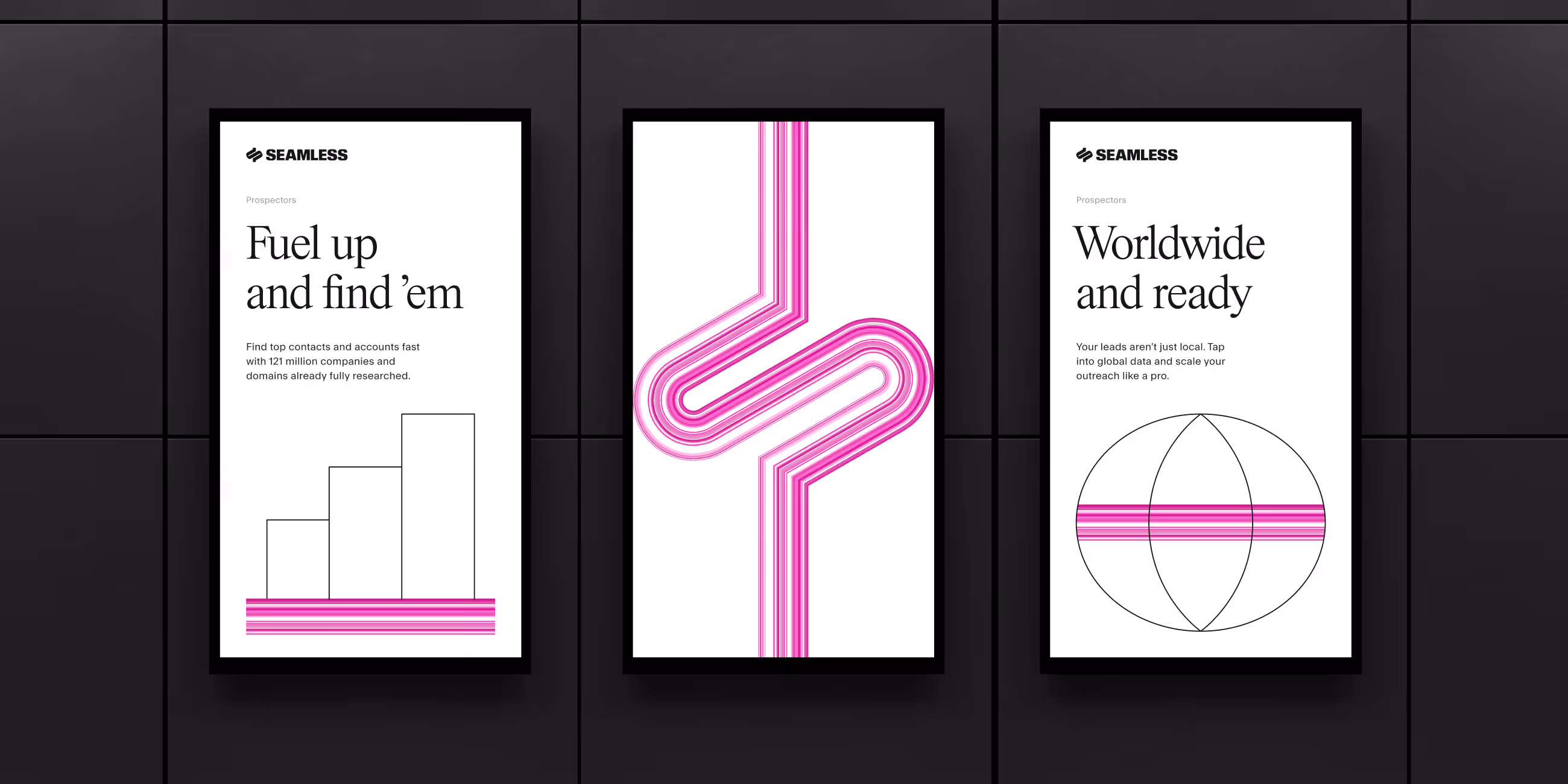 Three seamless posters: left with bar chart and text, middle with pink abstract lines, right with globe and text.
