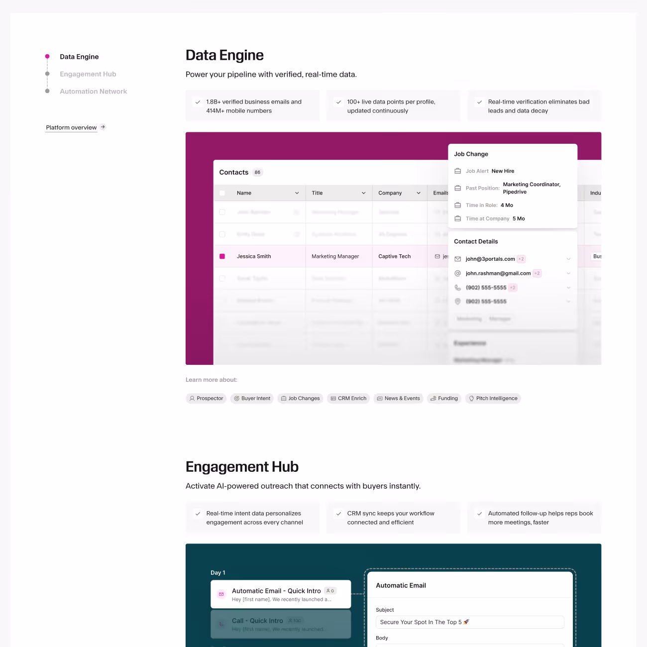 Text listing brand attributes: Effortless, Transformative, Essential on a purple background.