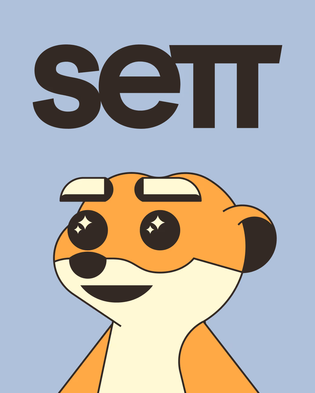 Cartoon orange and cream meerkat with sparkling eyes below the word 'SETT' in bold letters.