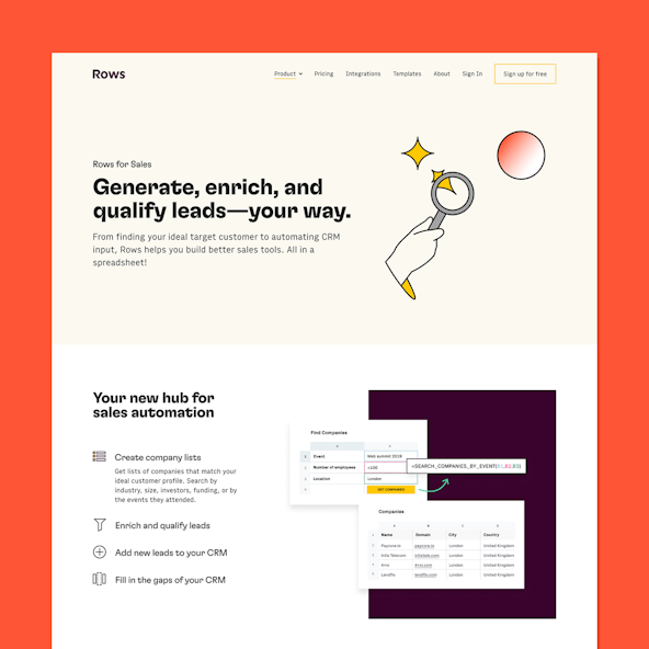A screenshot of the Sales page of the Rows website